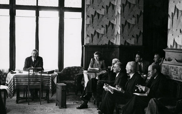 Inaugural meeting of the Mont Pelerin Society, 1947. Left, chairing, is F.A. Hayek. In the front row, third from the right, is Ludwig von Mises. 