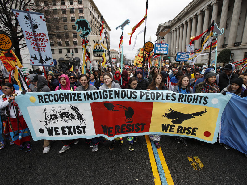 Protestors march in Washington DC in early 2017, demanding that Trump meet with tribal leaders.